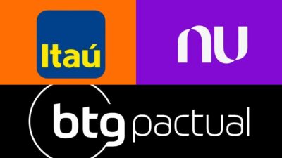 Logos do Itaú, do Nubank e do BTG Pactual