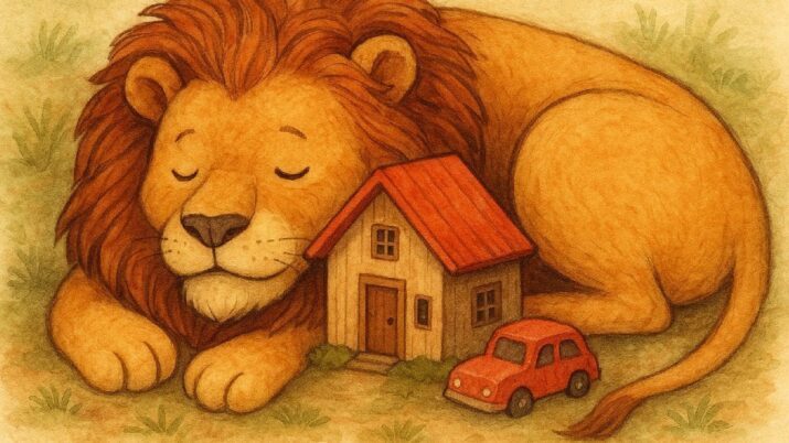 Leão do imposto de renda dormindo ao lado de imóvel e veículo