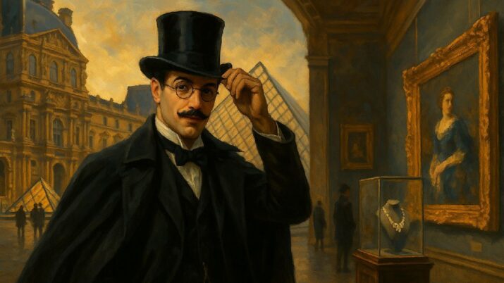 Ilustração de Arsène Lupin com referências do Museu do Louvre ao fundo