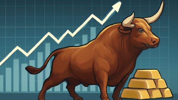 Touro, gráfico e ouro representando alta das ações e do metal precioso