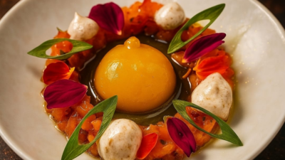 Tartar de salmão servido com mel trufado, gema de maracujá, espuma de leite de tigre e chips de batata transparente, um dos destaques d'O Alaric