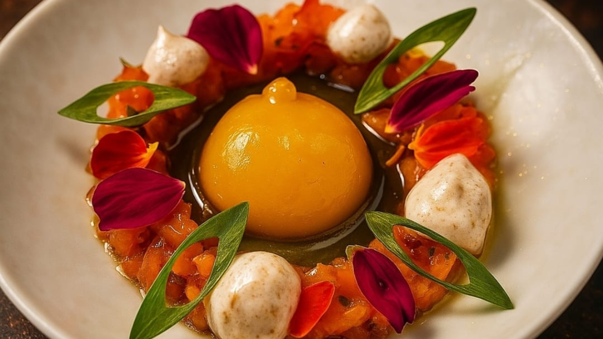 Tartar de salmão servido com mel trufado, gema de maracujá, espuma de leite de tigre e chips de batata transparente, um dos destaques d'O Alaric