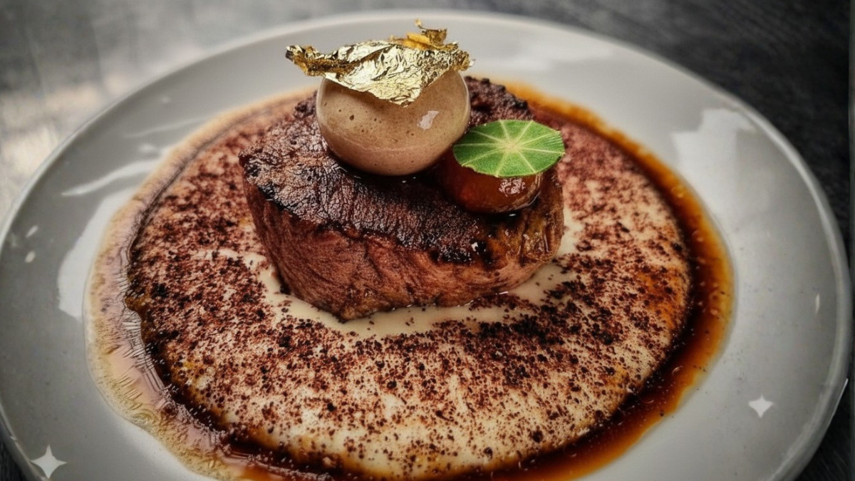 Filé mignon com redução de vinho tinto, servido com espuma de purê de batata trufado, gel molecular de pimenta e crocante de arroz negro, com flor de ouro