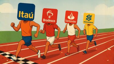 A corrida dos bancos, entre Itaú (ITUB4), Bradesco (BBDC4), Santander Brasil (SANB11) e Banco do Brasil (BBAS3).