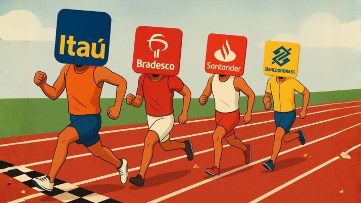 A corrida dos bancos, entre Itaú (ITUB4), Bradesco (BBDC4), Santander Brasil (SANB11) e Banco do Brasil (BBAS3).