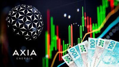 Montagem mostra um gráfico de ações ao fundo, com o logo da Axia Energia no canto esquerdo e cédulas de real no canto inferior direito
