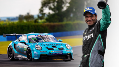 Flávio Sampaio e o carro da Bitget para a temporada 2025 da Porsche Cup Brasil
