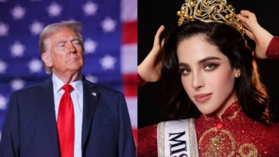 Do lado esquerdo, o presidente dos EUA Donald Trump e do lado direito, a Miss Universo de 2025 Fátima Bosch