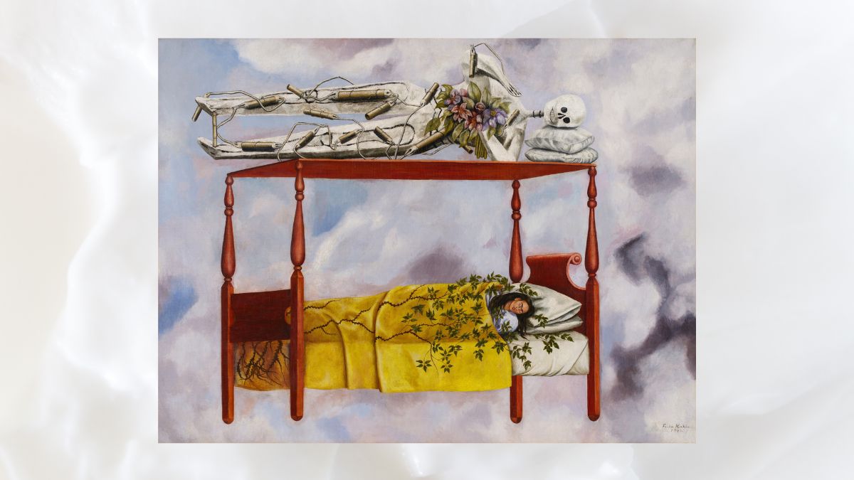 El sueño (La cama); assinado por Frida Kahlo e datado de 1940 (canto inferior direito); óleo sobre tela; 29 ⅛ por 38 ⅝ pol. 74 por 98 cm; executado em 1940