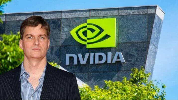 Montagem com o fundo da sede da Nvidia e, em primeiro plano, o gestor Michael Burry, do filme A Grande Aposta