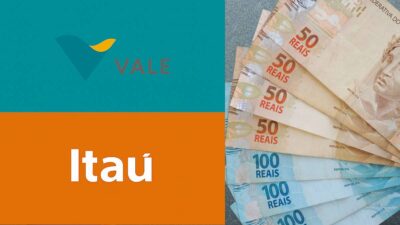 Logo da Vale e do Itaú do lado esquerdo da foto e cédulas de dinheiro do lado direito