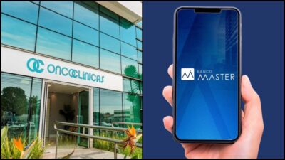 Fachada da Oncoclínicas e logo do Banco Master em tela de celular