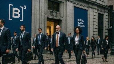 pessoas vestindo ternos e roupas formais deixam a B3, bolsa de valores brasileira