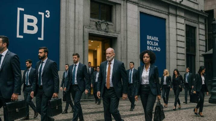 pessoas vestindo ternos e roupas formais deixam a B3, bolsa de valores brasileira