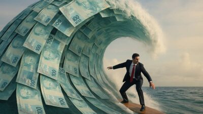 Imagem criada por inteligência artificial mostra uma onda de dinheiro e um surfista vestindo terno escuro, surfando essa onda