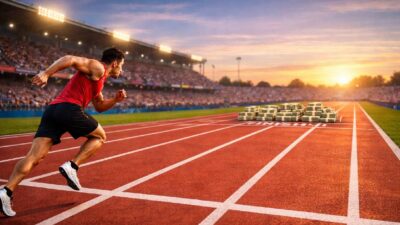 Imagem criada por IA mostra uma pista de corrida, com um atleta correndo rumo à chegada. Na chegada, pilhas de dinheiro o esperam.