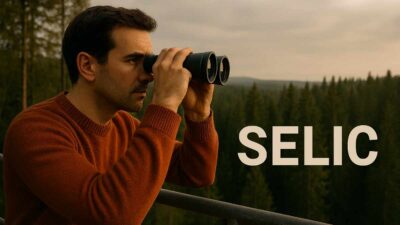 Homem com binóculo, em torre de observação na floresta, olha sinais na economia para entender o caminho da Selic, taxa básica de juros