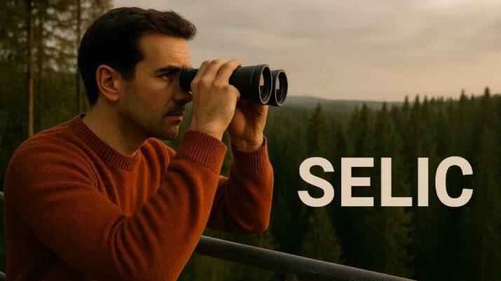 Homem com binóculo, em torre de observação na floresta, olha sinais na economia para entender o caminho da Selic, taxa básica de juros