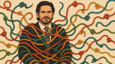 Daniel Vorcaro, dono do Banco Master, envolto em cordas coloridas