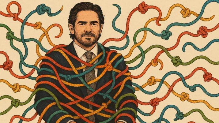 Daniel Vorcaro, dono do Banco Master, envolto em cordas coloridas