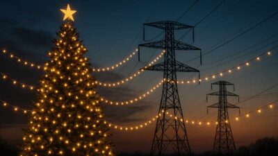árvore de natal com torre de transmissão de energia elétrica
