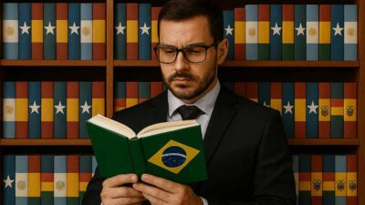 investidor lê a história do brasil em biblioteca da américa do sul