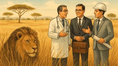 O Leão do Imposto de Renda observa profissionais liberais: um médico, um advogado e um engenheiro