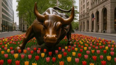 touro em wall street com tulipas