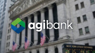 Imagem feita por IA traz a foto da bolsa de NY desfocada ao fundo, com o logo do Agibank em primeiro plano