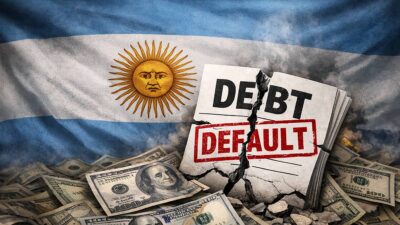 Imagem feita por IA traz a bandeira da Argentina de fundo, com dólares na parte de baixo. Ao lado direito está escrito: Debt Default (calote)