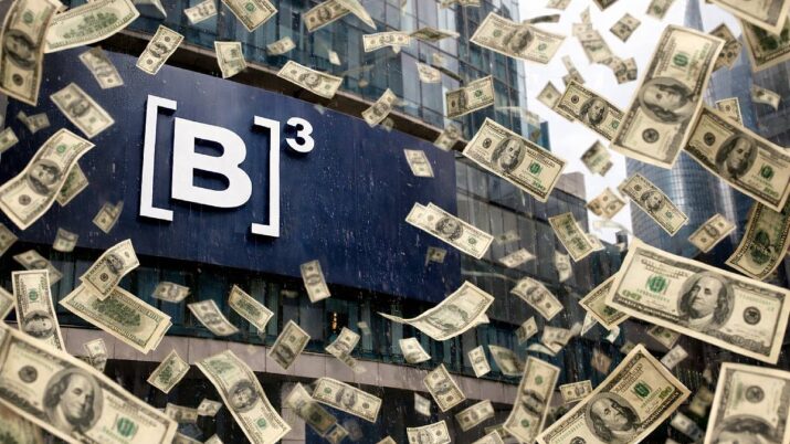 Imagem criada por IA mostra o símbolo da B3, a dona da bolsa brasileira, no meio de uma chuva de notas de dólares