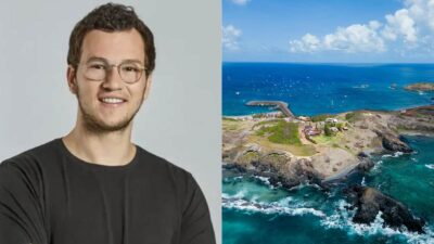 Henrique Dubugras, um dos fundadores da Brex. Ao lado, recorte da ilha de Fernando de Noronha