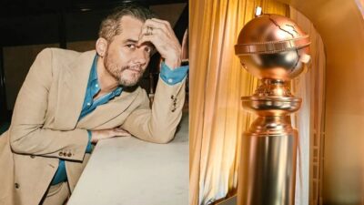 Wagner Moura para a The Hollywood Reporter, à esquerda, e estatueta do Globo de Ouro, à direita.