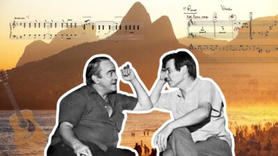 Montagem com Vinicius de Moraes e Tom Jobim, com partituras do maestro em segundo plano - Imagem: Seu Dinheiro