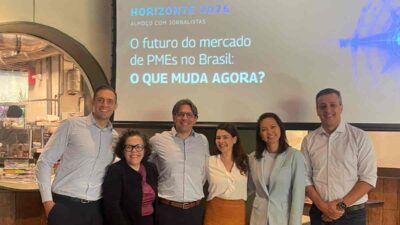 Executivos da BEE4, a bolsa das PMEs. Da esquerda para a direita: Daniel Debessa, novo diretor de Desenvolvimento de Mercado e Conexão com Participantes da BEE4; Cristiana Pereira, membro do conselho de administração da BEE4; Rodrigo Fiszman, cofundador e chairman da BEE4; Patricia Stille, cofundadora e CEO da BEE4; Joyce Saika, VP de Finanças, RI e Jurídico da Núclea; e Ricardo Dias, diretor de Novos Negócios da Núclea.