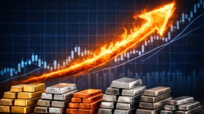 Imagem criada por IA traz um gráfico com uma seta pegando fogo apontando para cima. Na base da imagem, barras de metais preciosos como prata, ouro, cobre e platina.