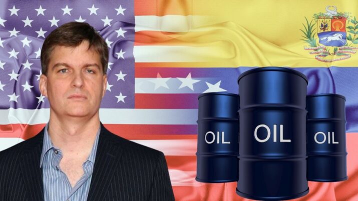 Montagem traz as bandeiras dos EUA e Venezuela ao fundo. Em primeiro plano, do lado esquerdo, o megainvestidor Michael Burry, e do lado direito, barris de petróleo.