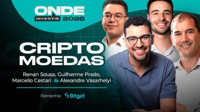 Montagem em fundo verde traz três homens do lado direito. Do lado esquerdo está escrito criptomoedas