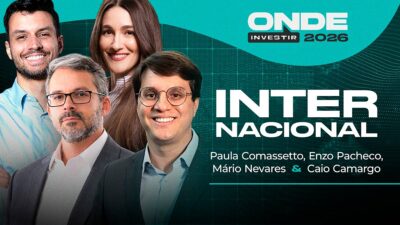 Montagem traz um fundo verde. Do lado esquerdo, três homens e uma mulher. Do lado direito, está escrito Onde Investir Internacional