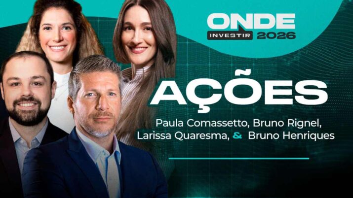 Evento Onde Investir 2026. À frente, aparecem quatro especialistas: à esquerda, Bruno Rignel, CIO da Alpha Key Investments; Bruno Henriques, diretor do sell side do BTG Pactual à esquerdca. Logo atrás vem Larissa Quaresma,, analista da Empiricus, à esquerda, e Paula Comassetto, apresentadora, à direita.