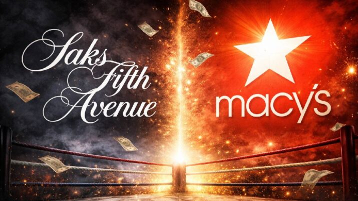 Imagem criada por IA mostra, do lado esquerdo, o logo da Saks nas sombras, e, do lado direito, o logo da Macy's brilhando