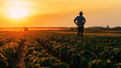Silhueta iluminada de volta do agricultor masculino em pé no campo de soja cultivado no pôr do sol do verão agronegócio agricultura agricultor