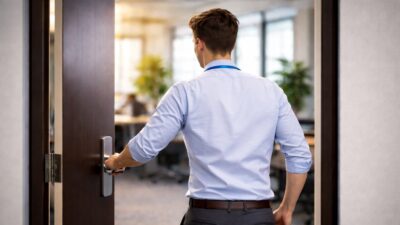 Trabalhador abrindo porta; mercado de trabalho