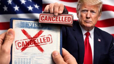 Imagem criada por IA tem a bandeira dos EUA ao fundo, Trump do lado direito, segurando uma placa escrito "cancelado" e, do lado esquerdo, uma mão segurando um passaporte com o visto cancelado por um X vermelho.