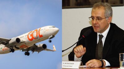Montagem de avião da Gol e foto de Antonio Kandir