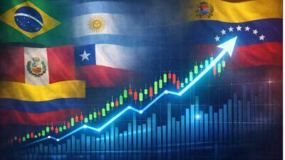 Montagem feita do IA mostra as bandeiras de Brasil, Argentina, Chile, Colômbia, Peru e Venezuela como pano de fundo. Em primeiro plano, um gráfico de ações em alta.