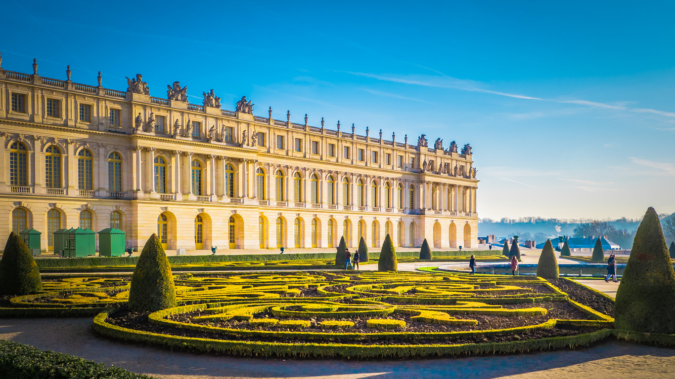 Versailles, Paris  / France - 12 10 2017: Famous palace Versailles with beautiful gardens outdoors near Paris, France. The Palace Versailles was a royal chateau and was added to the UNESCO list of World Heritage Sites