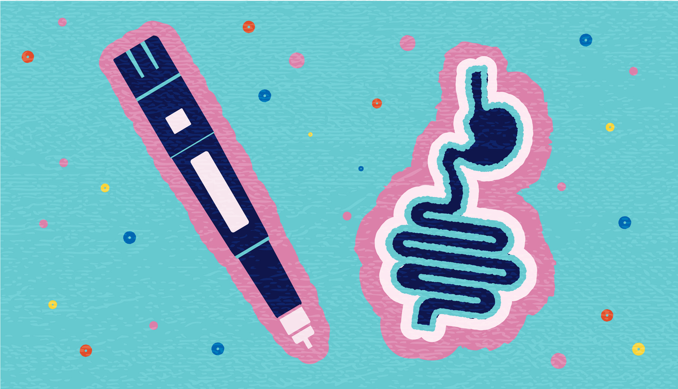 Vector illustration of Collage style Semaglutide Injection Pen digestive health concept with textures and vibrant colors. Therapy for weight loss and diabetes. Includes editable vector eps and high resolution jpg.