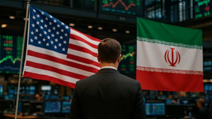 investidor olha bandeiras dos estados unidos e do irã em bolsa de valores