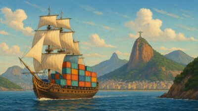 nau portuguesa com comércio eletrônico chegando no rio de janeiro